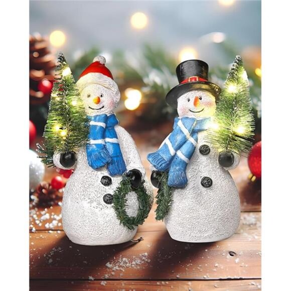 Lighted Snowman Figurines with Christmas Tree Wreath - Indoor Holiday Decor - Picture 7 of 7